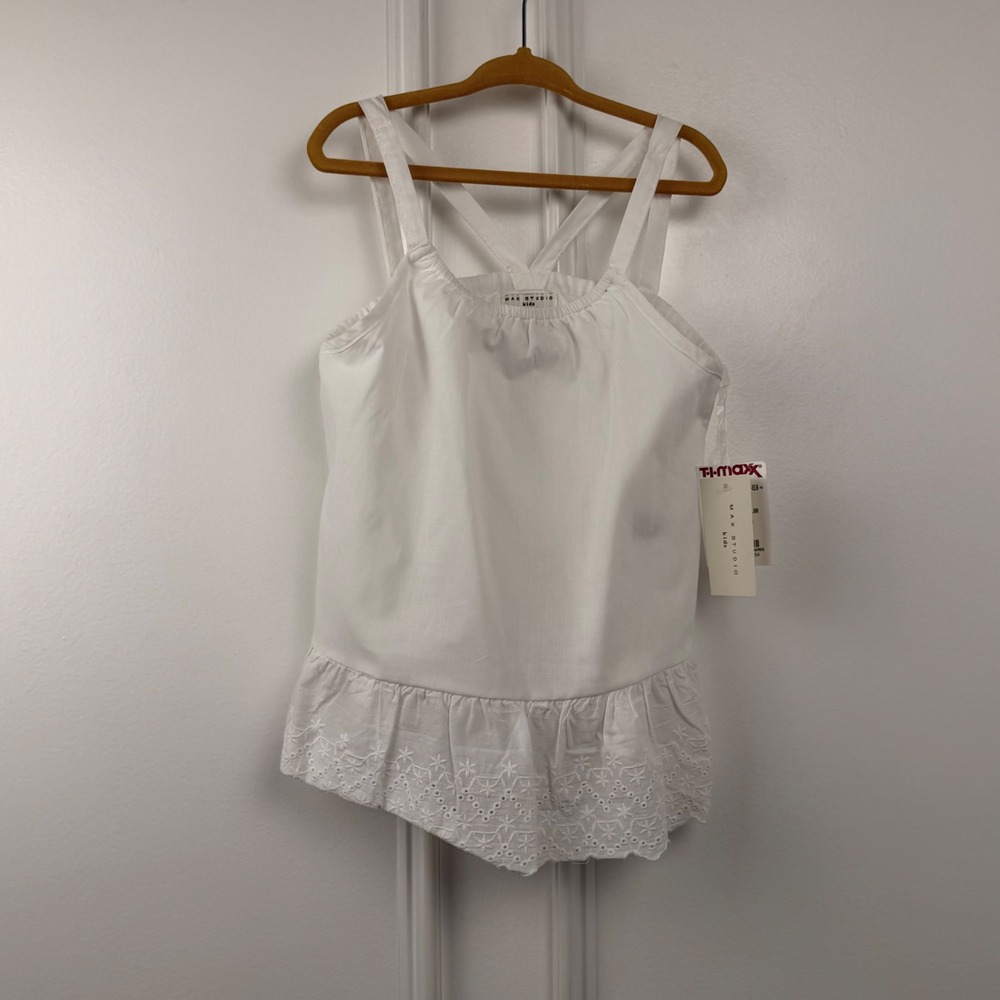 Max Studio Kids White Cotton Eyelet Ruffle Cross Back Tank Top Size M 7-8 NWT